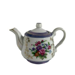 Small Pink Roses Floral Teapot Iridescent Blue Gold Trim Single Cup With Lid