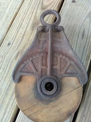 Primitive Wooden & Cast Iron Barn Pulley Myers O.  K.  H - 299