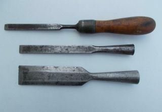 3 Antique Chisels 1 1/4 " Fulton Special 1/2 " Buck Brothers 3/8 " ? Woodworking