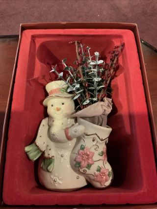 Lenox For The Holiday Petals & Pearls Snowman Christmas Poinsettia Vase Figurine