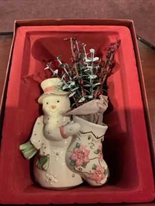 Lenox For the Holiday Petals & Pearls Snowman Christmas Poinsettia Vase Figurine 2