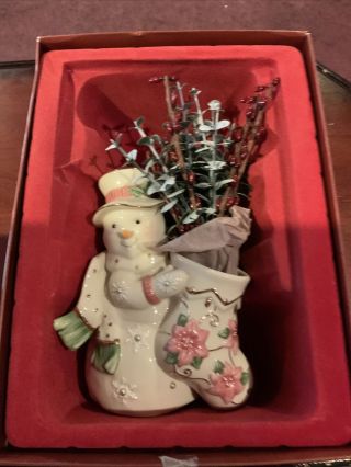 Lenox For the Holiday Petals & Pearls Snowman Christmas Poinsettia Vase Figurine 3