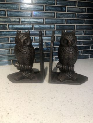 Mcm Heavy Cast Iron Wise Owl Pair Book Ends 5.  5” Tall Brown Bronze Great Detail