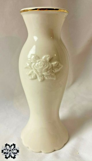 Lenox Hummingbird and Roses Embossed Bud Vase Ivory Porcelain 24k Gold Rim 5.  75 
