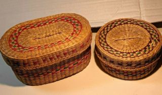 Vintage Set Of Two Mini Boho Woven Covered Baskets With Lid Trinket