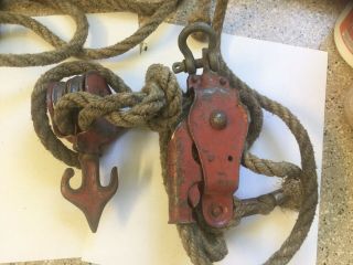 Antique Vintage Block And Tackle Double Pulley & Hemp Rope