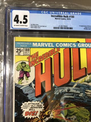Incredible Hulk 180 - Marvel 1974 CGC 4.  5 OW TO WHITE PAGES 1st App Wolverine 2
