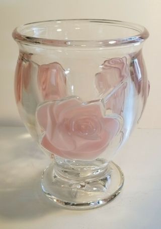Vintage Raised Pink Roses Heavy Glass Vase - Teleflora Made In France