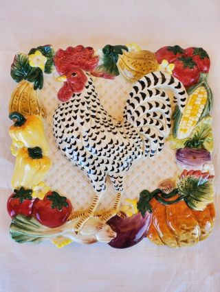 Fitz & Floyd Gardening Gourmet Black & White 3 - D Rooster 8.  5 " Square Wall Plate