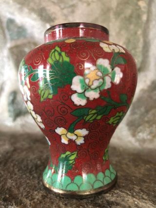 Antique Vintage Chinese Cloisonne Red Green Floral Enamel On Copper Vase China