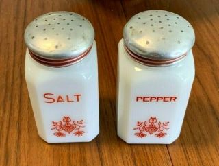 Vintage White Milk Glass Salt & Pepper Range Shakers Dutch Red Flowers Bands