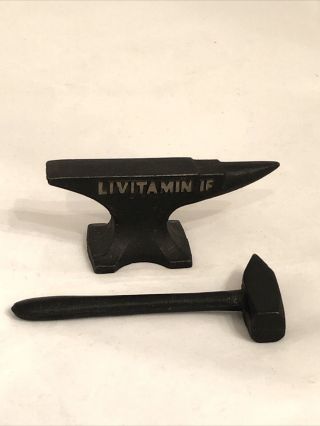 Vintage Advertising Cast Iron " Livitamin If " Miniature Anvil And Hammer