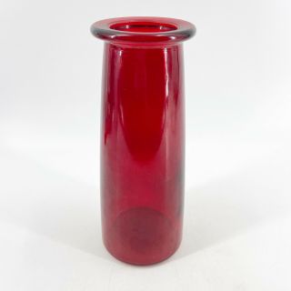 Vintage Ruby Red Glass Flower Vase Cylinder With Rim 9 " Tall Mid Century