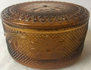 Vintage Trinket Jewelry Box French Amber Glass Etched Mid Century Modern Deco