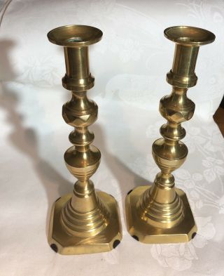 Pair Antique Ornate Brass Candlesticks Push Up