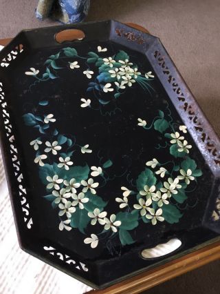 Extra Large Vintage Wrought Iron Serving Tray Hans Painted Flowers 22x16”