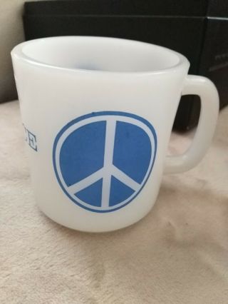 Vintage 70s Milk Glass Peace Sign Dove White Blue Coffee Tea Mug Cup To Display