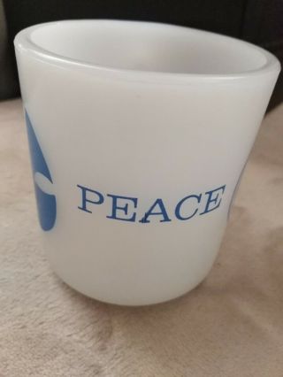 Vintage 70s Milk Glass Peace Sign Dove White Blue Coffee Tea Mug Cup to display 3