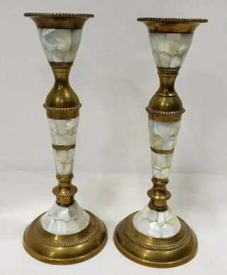Vintage Brass Mother Of Pearl Inlay Candlestick Pillar Candle Holders Set Of 2