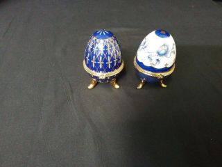 2 Porcelain Egg Shape Trinket Boxes - Blue Flower Net Gold & Blue Flower