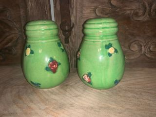 Vintage Large Salt & Pepper Shakers Made In Japan Green With Flowers Cork Bottom