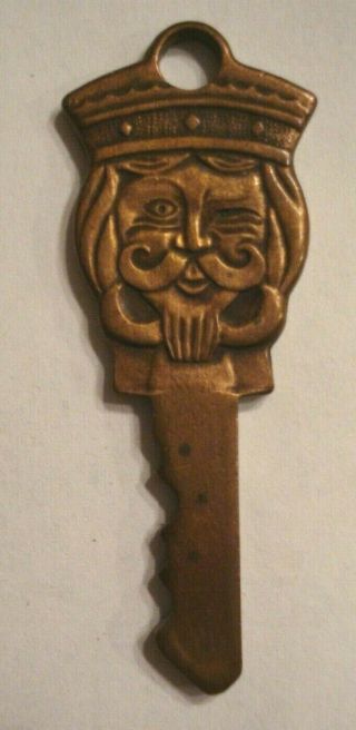 Rare Old Antique Winking Kings Head Mustache Beard Brass Key 2 " Long