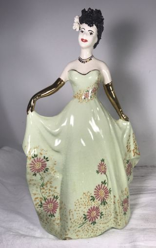 11.  5” Vintage Mid Century Ceramic Figurine Woman In Ball Gown With Gold Accents