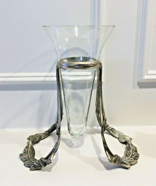 Vintage Bombay Company Glass Floating Vase & Ornate Pewter Tone Stand Holder Guc