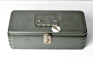Vintage Gray Climax Small Metal Locking Tool Box Or Tackle Box With Key