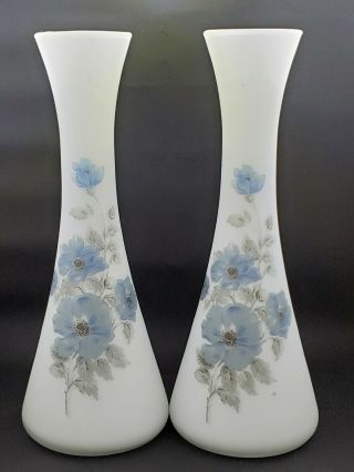 2 Vintage Norleans Crystal Italy Blue Frosted Bud Vase Hand Painted Blue Flowers