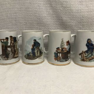 Norman Rockwell Museum Set Of 4 Nautical Theme Coffee Mug Cup; 1985; Gold Trim