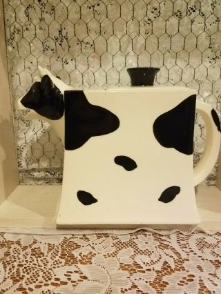 Collectible Dept 56 Cow Now Holstein Teapot Black & White Hand Painted