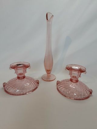 Vintage Pink Depression Glass Candlesticks And Bud Vase