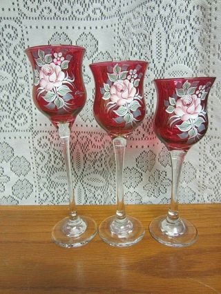 3 - Vintage - Hand Blown - Long Stem - Hand Painted - Hurricane - Glass Candle Holders - Vases