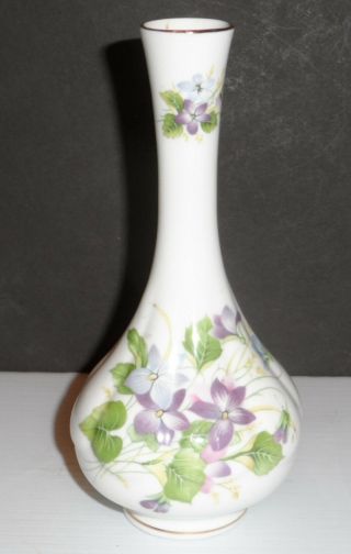 Fine Bone China England White Melon Body Vase Purple Floral Design And Gold Trim