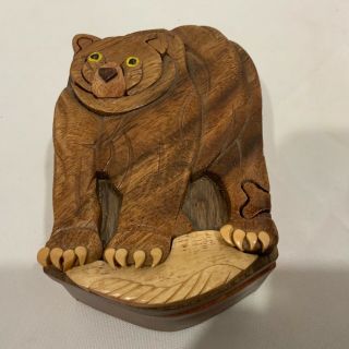 Bear Beautifully Hand Crafted Carved Wood Puzzle Jewelry Or Trinket Box