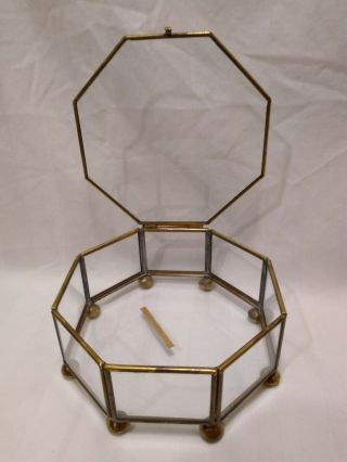 Brass And Glass Octagon Shaped Footed Box 5 3/8 " Across