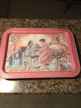 Vintage Painted Tv Tray Girl With A Doll House