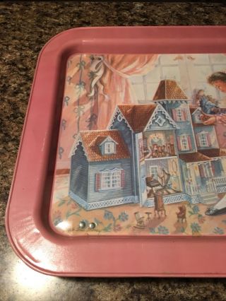 Vintage Painted Tv Tray Girl With A Doll House 2