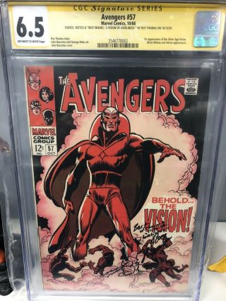 Avengers 57 (marvel) 1st Vision Cgc 6.  5,  Signed,  Sketch,  Quote By Roy Thomas