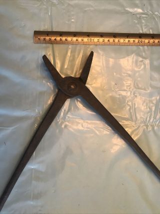 Vintage Hand Forged Blacksmith Tongs 18” Long 1” Wide Jaws Opens To 3” Good Cond 2