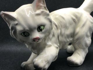 Vintage Ceramic Cat Figurine White And Grey Playful Green Eyes Ucagco Japan