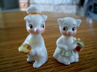 2 Napcoware White Bone China Miniature Pig Figurines W/ Food And Flowers 1.  5 "