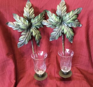 Set Of 2 Palm Tree Metal Wall Sconces Candle Holders 17 " & 2 Votives Cups