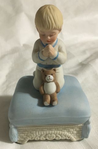 Little Boy With Bear Praying Music Box Figurine Roman Inc