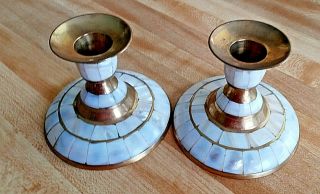 Vintage Brass Mother Of Pearl Candlesticks Candle Holders Pair