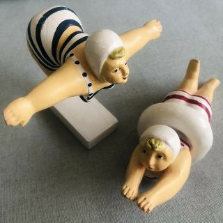 Vintage A Pair 2 Fat Lady Swimming Bathing Suit Figurines Beauty Retro Statue