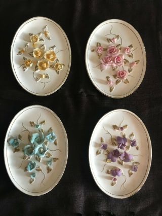 Lefton Set Of 4 Vintage Flower Hand Painted Wall Hanging Purple Blue Yellow Pink