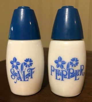 Vintage Gemco Milk Glass Salt & Pepper Shakers Blue Design Plastic Caps