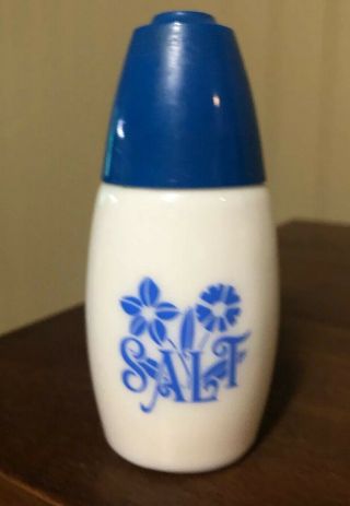 Vintage Gemco Milk Glass Salt & Pepper Shakers Blue Design Plastic Caps 2